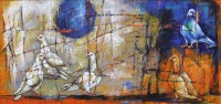 Afsheen, 14 x 30 Inch, Acrylic On Canvas, Pigeon Painting, AC-AFN-017